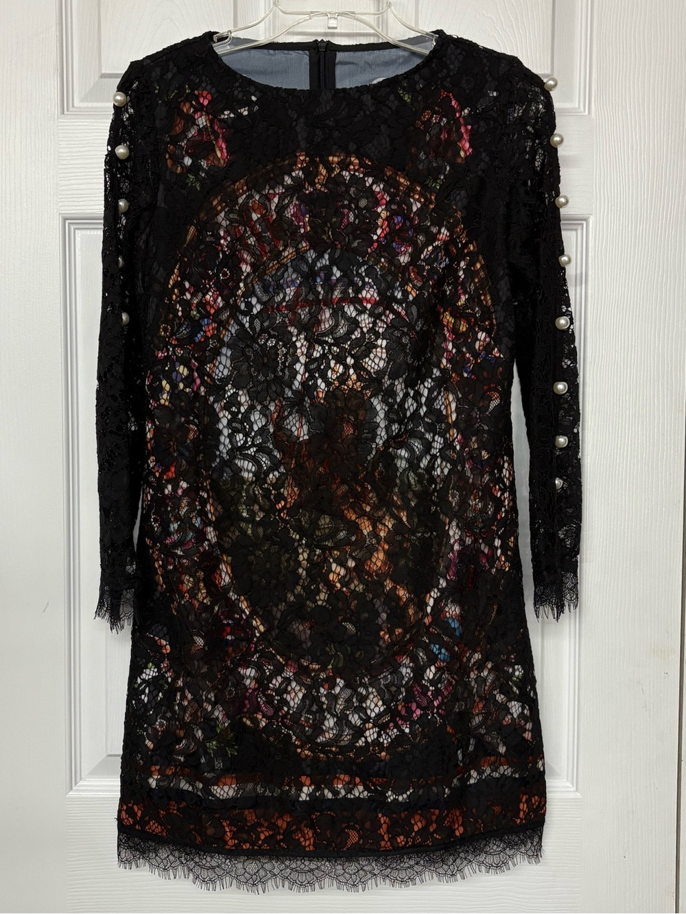 BurryCo Black Lace Overlay Colorful Design Lion and Cherubs Dress Sz S NWOT